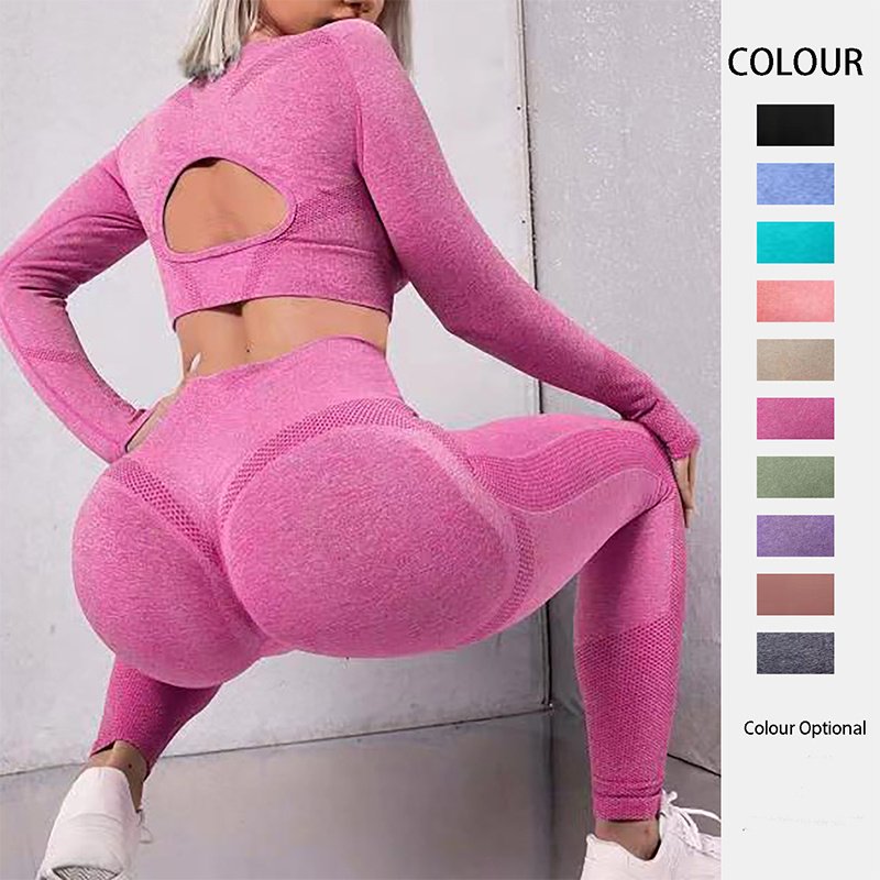 Sports Suits 2pcs Long Sleeve Hollow Design Tops And Butt Lifting High Waist Seamless Fitness Leggings Sports Gym Sportswear Outfits Clothing