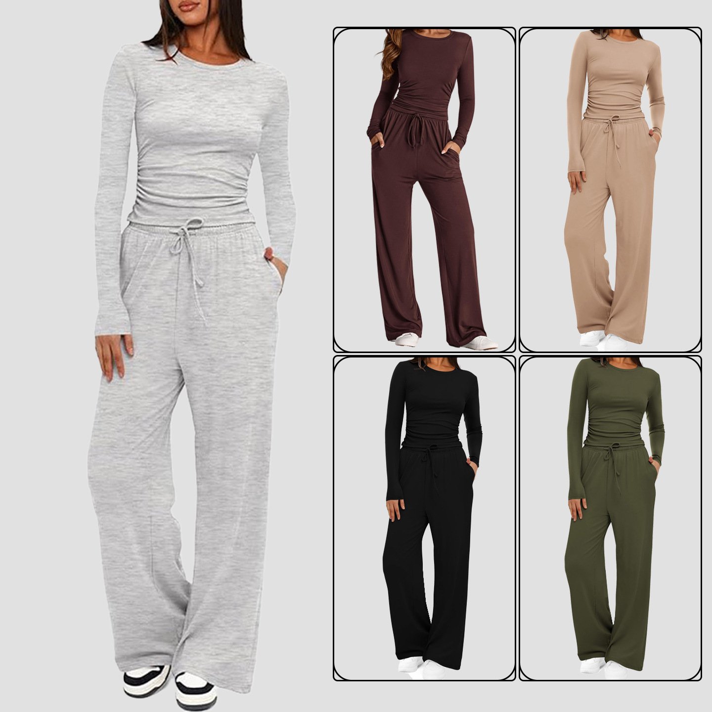 Women's Suit Autumn 2 Pieces Winter Long Sleeve Tops High Waisted Wide Leg Pants Sportswear Female Clothes Solid Color Casual Suit