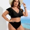 Women's Plus-size Bikini Set, Random Print, Sexy Backless V-neck, Solid Color Lotus Leaf Edge Two-piece Swimsuit, Vacation Style