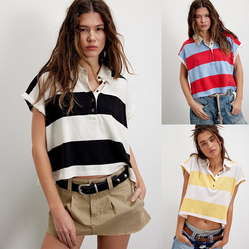 Womens Casual Striped Short-sleeve Loose T-shirt