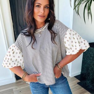 Womens Casual Striped Patchwork Loose T-Shirt