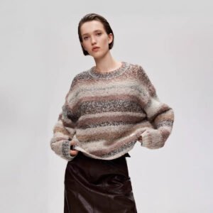 Gradient Striped Round Neck Loose-fitting Drop Shoulder Knit Sweater