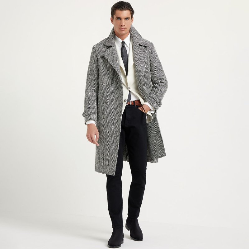 Men's Mid-length Double-breasted Tweed Overcoat