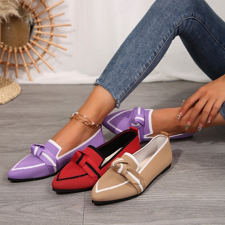 Knitted Mesh Bow-Tie Pointed-Toe Flat Womens Shoes