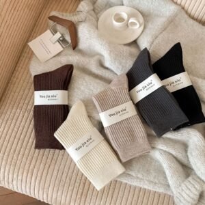 Womens Korean-style Autumnwinter Fleece-lined Chunky Solid-color Ankle Socks