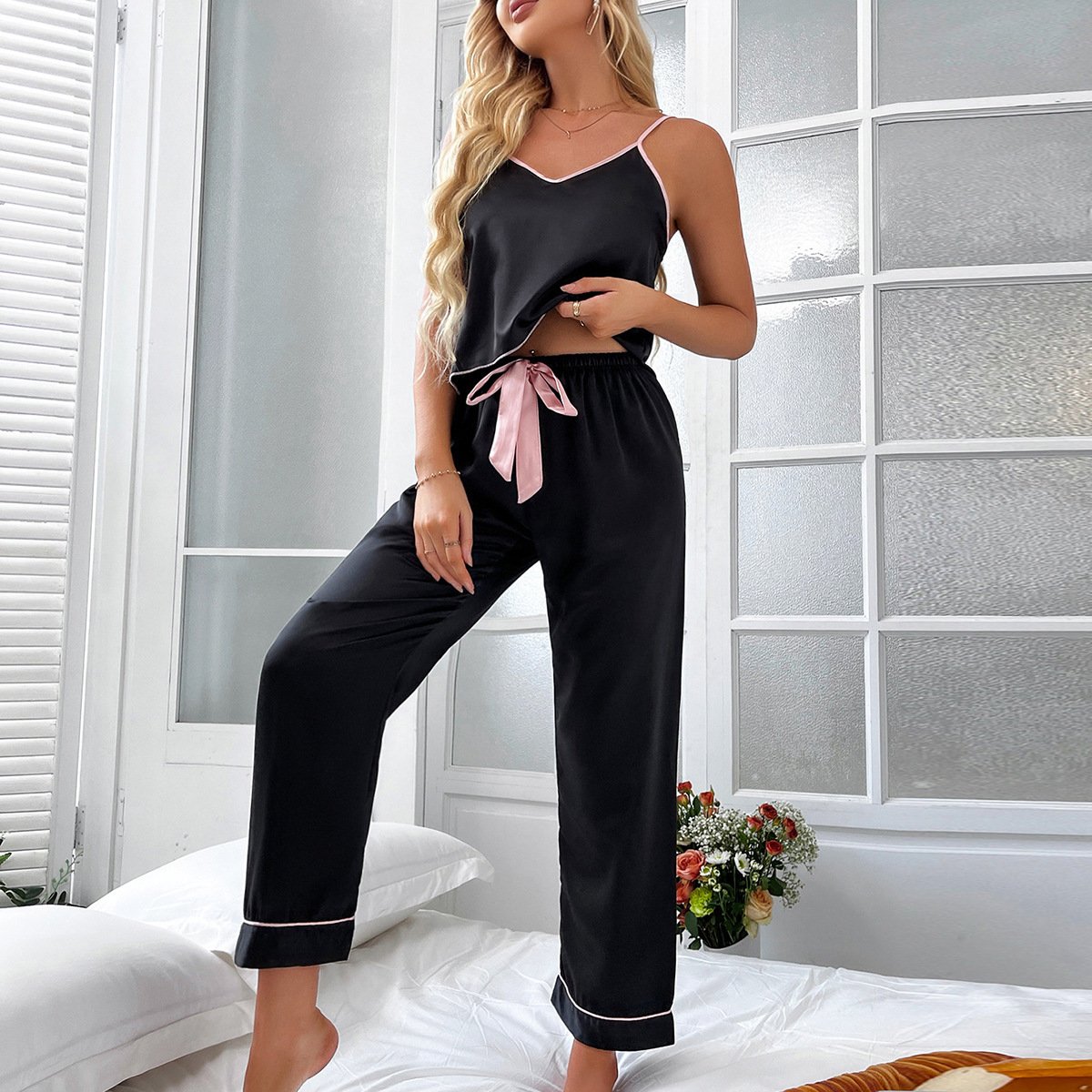 Ice Silk Home Clothes Suspender Trousers Pajamas Female Spring And Summer Lace-up Thin Section
