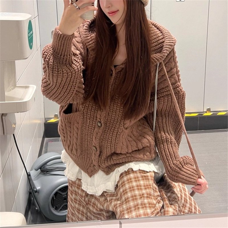 Fall Winter Hooded Knitwear Coat For Women Thickened Single-breasted Knitwear Top For Women