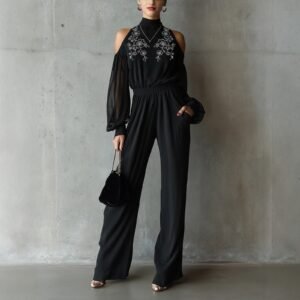 Black Embroidered Womens Long-Sleeve Wide-Leg Jumpsuit