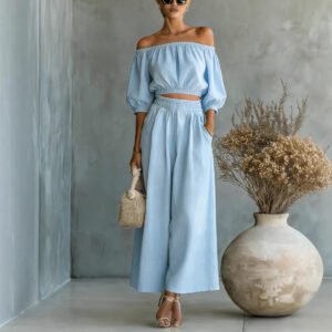 Casual Solid-color Cotton And Linen Top With High-waisted Wide-leg Pants