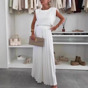 Round Neck Sleeveless Top Pleated Wide-leg Trousers Two-piece Set