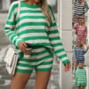 Striped Knitted 2pcs Suits Long Sleeve Pullover Sweater And Elasticated Shorts Loose Women Clothing