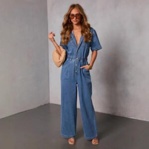 Fashionable Casual Loose It Straight Leg Denim Jumpsuit