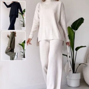 Turtleneck Knitted Suit Loose Split Design Long-sleeved Top And Straight Trousers