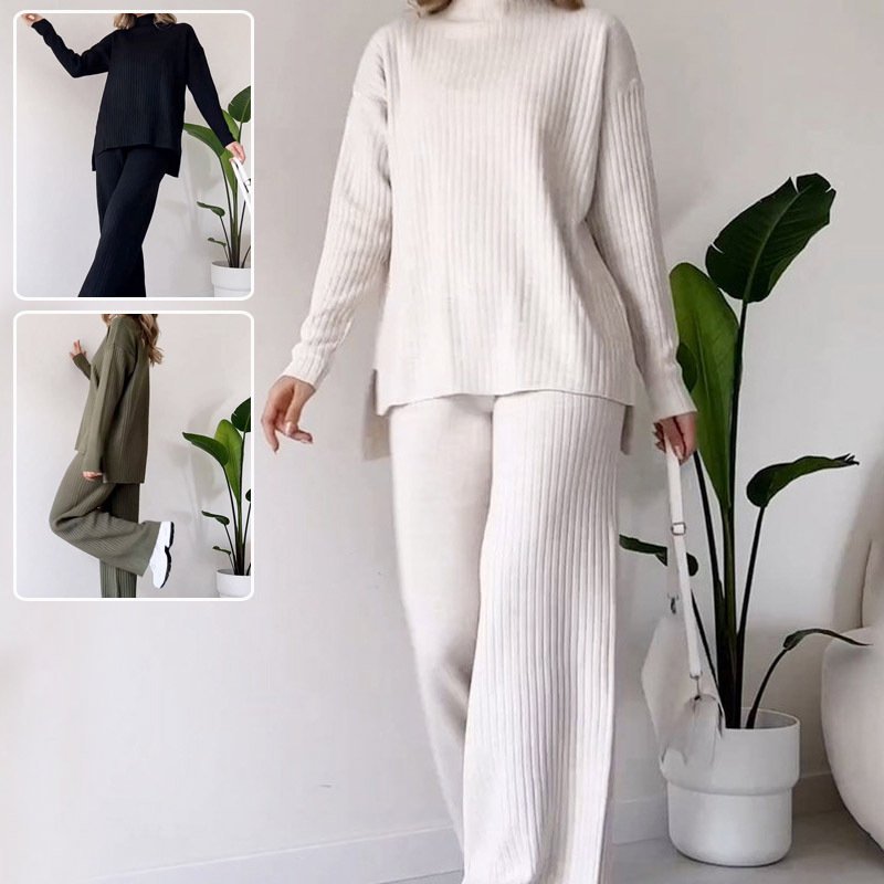 Turtleneck Knitted Suit Loose Split Design Long-sleeved Top And Straight Trousers