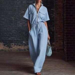Stand-up Collar Sleeveless Casual Loose-fit Cotton-linen Jumpsuit