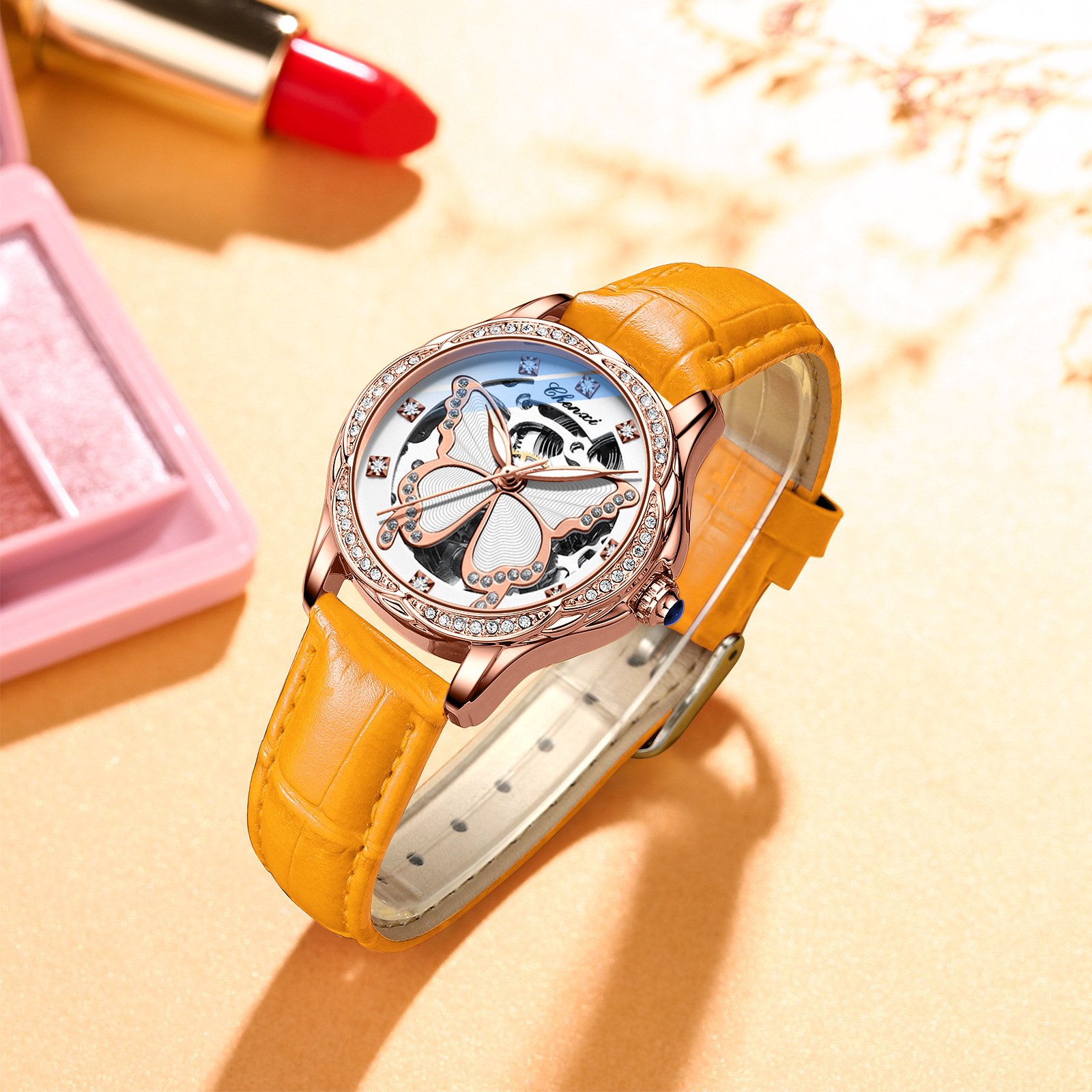 Butterfly Dial Fashion Diamond-embedded Watch Women's Waterproof Automatic Mechanical Watch