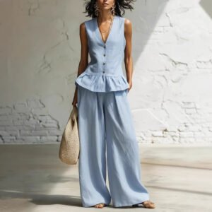 Retro Bohemian Style Ruffled Cotton-Linen Two-Piece Set