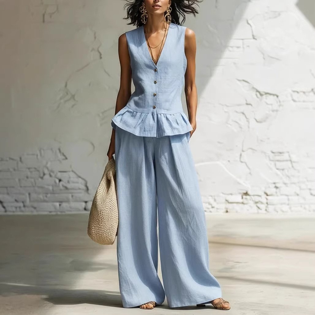 Retro Bohemian Style Ruffled Cotton-Linen Two-Piece Set