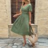 V-neck Pleated Buttoned Lantern-sleeve Dress