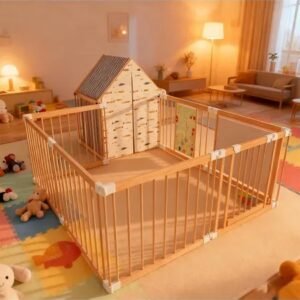 Natural Wood Baby Playpen 10 Panel Foldable Play Yard With Door Panel And Built-in Toys Easy To Assemble Foldable Assembled Into Various Shapes Includes Two Play Panels And Playhouse