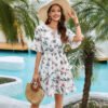 V-neck Lace-up Floral Print Dress Womens Clothing