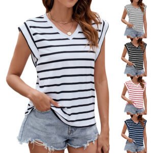 Fashion Stripe Print V-neck Short-sleeved T-Shirt or Tank Top