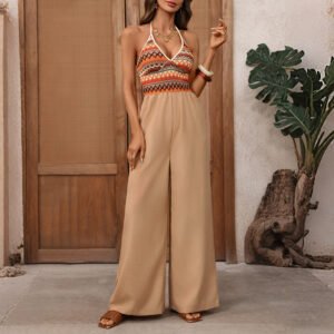 Ethnic-style Halterneck Patchwork Jumpsuit With Colorful Embroidery