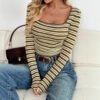 Womens Fashionable And Comfortable Striped Long-Sleeve Top