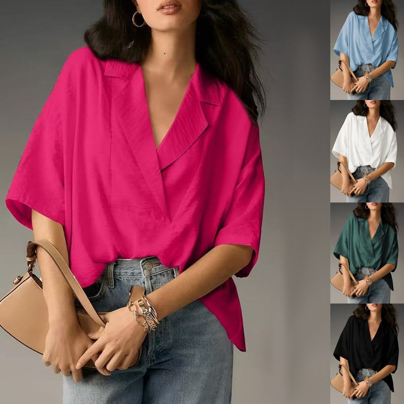 Casual Loose Short Sleeve Lapel  Collar Large V-Neck Fashionable Elegant Pleated Loose Fit Solid Color Women's Shirt Tops Clothing
