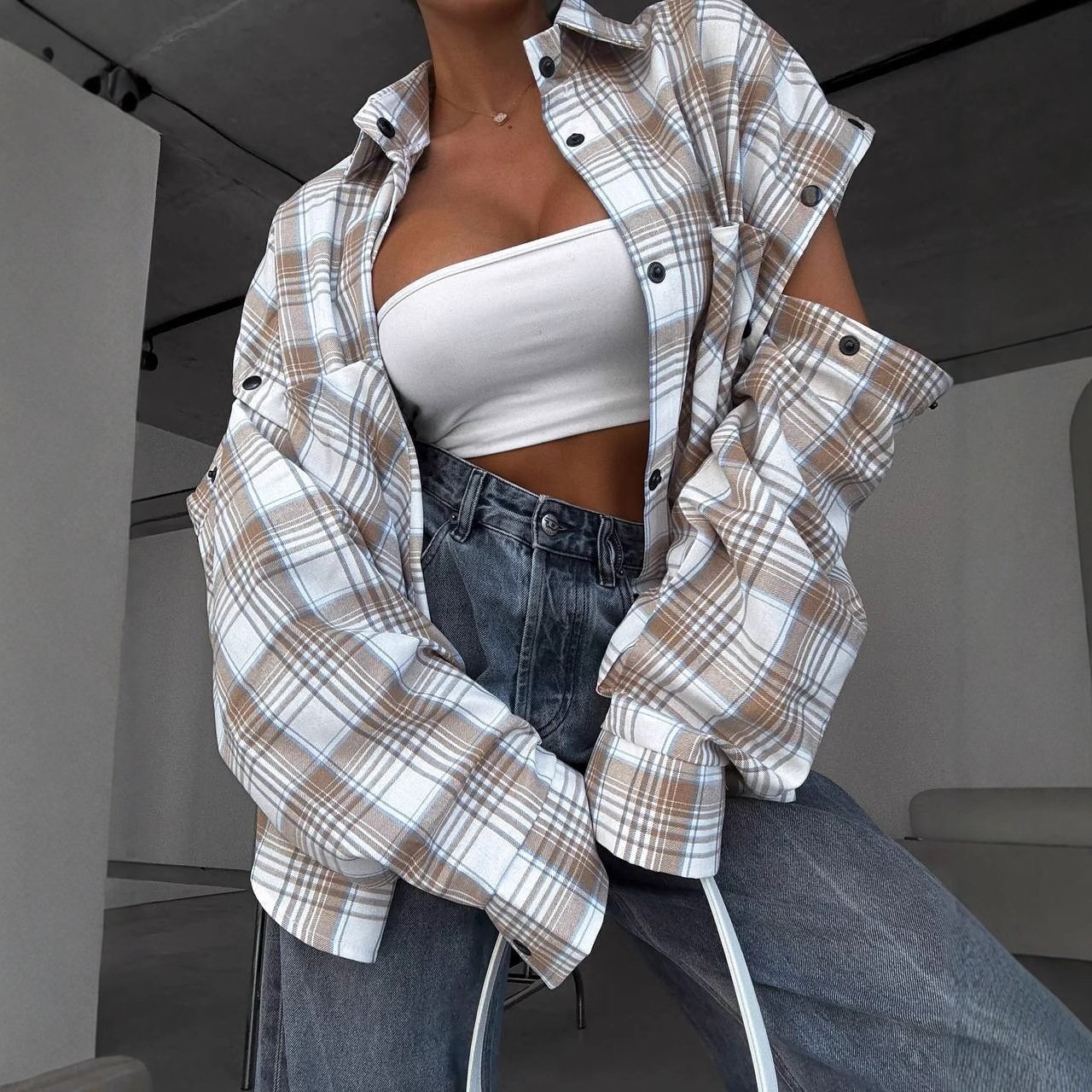 Retro-style Plaid Detachable Longshort-sleeve Shirt With Large Pockets