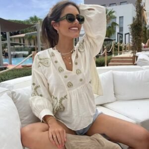 Womens Loose-fitting Cotton Embroidered Blouse