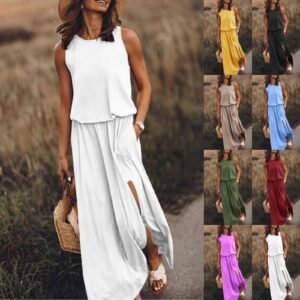 Women Summer Dresses Fashion Side Slit Long Dress With Pockets Vestidos Solid Casual O-Neck Sleeveless A-Line Sundress For Holiday