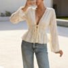 Solid-color Lace-up Waist-defined V-neck Elegant Figure-flattering Puffed-sleeve Top