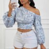 Women's Asymmetric Shoulder Puff Sleeve Shirt Autumn