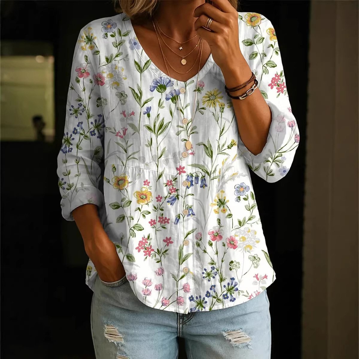Women's Fashion Round-Neck Printed Plus-Size Shirt