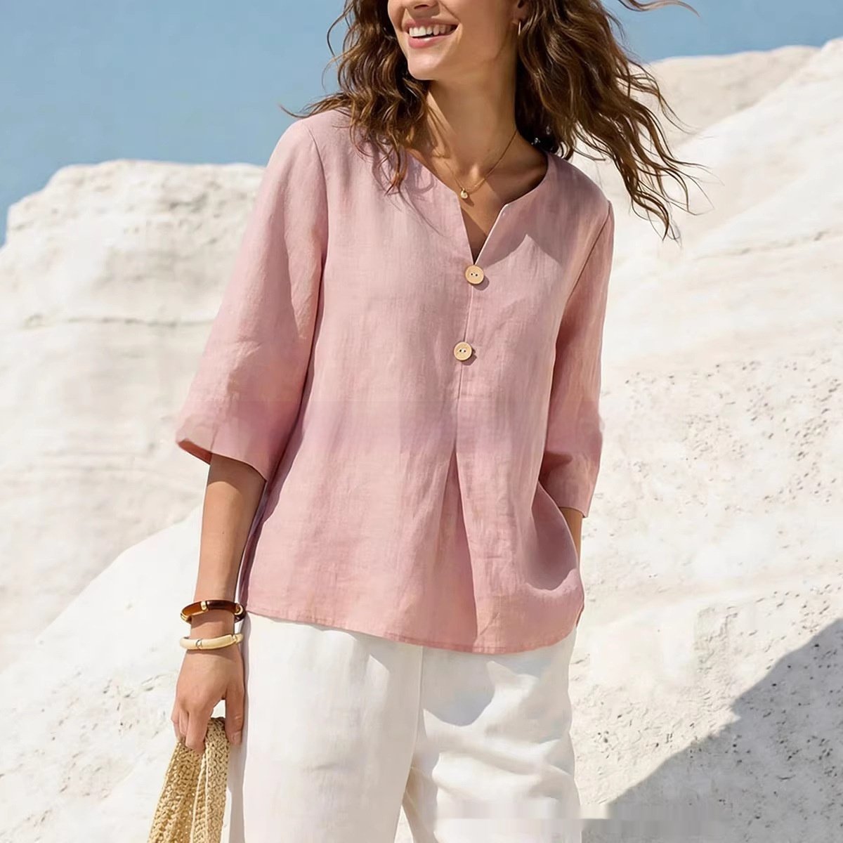 New Solid-Colored Casual Cotton-Linen Womens V-Neck Button-Up Shirt