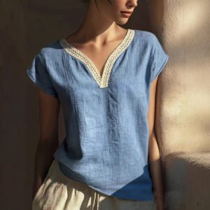 Bohemian Vintage Lace V-Neck Cotton-Linen Blouse