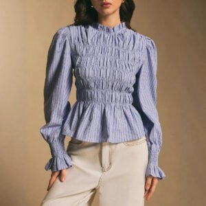 Ruffle-trimmed Versatile Striped Puff-sleeve Slim-fit Blouse