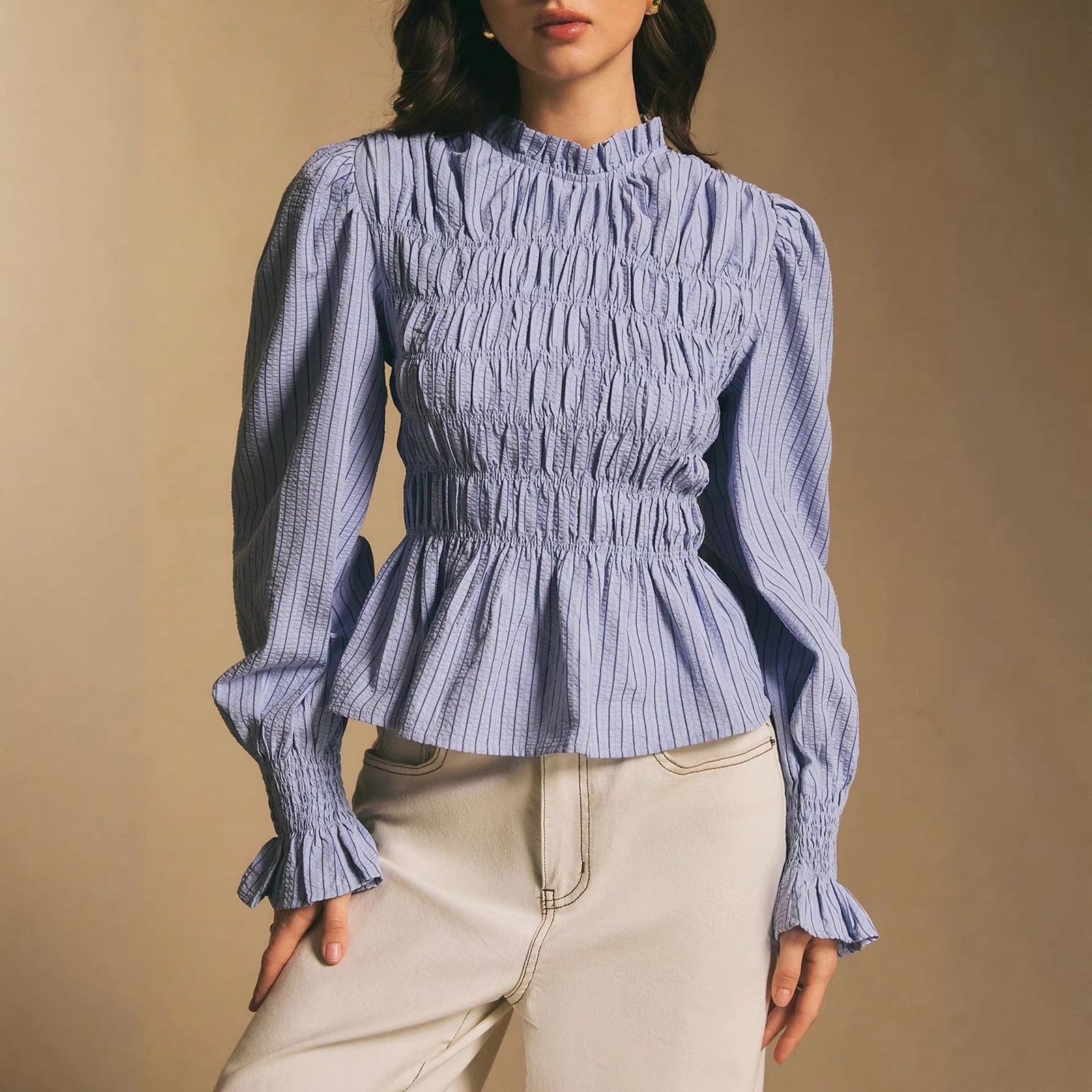 Ruffle-trimmed Versatile Striped Puff-sleeve Slim-fit Blouse