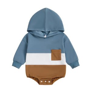 Long-sleeve Color-Block Hooded Onesie With Pocket