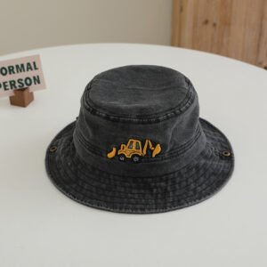 Children's Cartoon Embroidered Mini Excavator Fringed Hat With Rope And Adjustable Brim