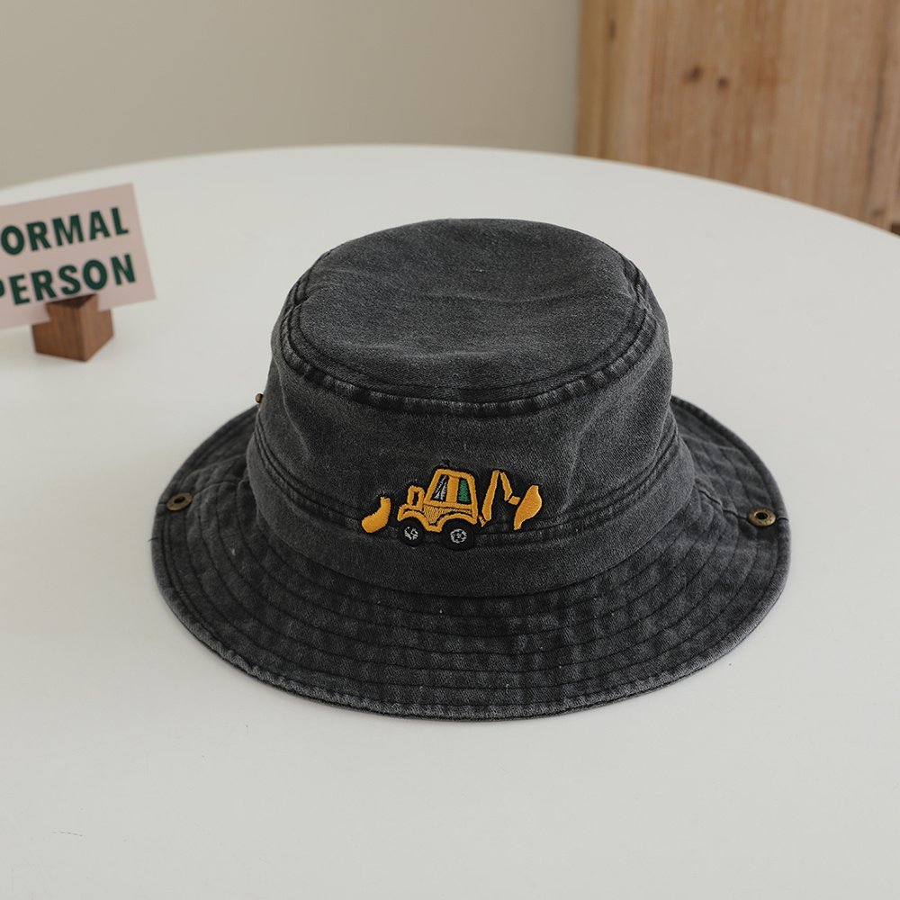Children's Cartoon Embroidered Mini Excavator Fringed Hat With Rope And Adjustable Brim