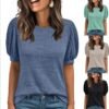 2026 Summer Women Solid Color Crew Neck Loose Color Cotton Brushed Patchwork Elastic Cuff Short Sleeve T Shirt