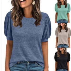 2026 Summer Women Solid Color Crew Neck Loose Color Cotton Brushed Patchwork Elastic Cuff Short Sleeve T Shirt