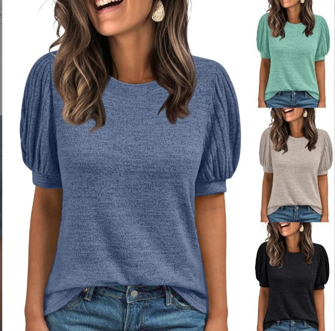 2026 Summer Women Solid Color Crew Neck Loose Color Cotton Brushed Patchwork Elastic Cuff Short Sleeve T Shirt