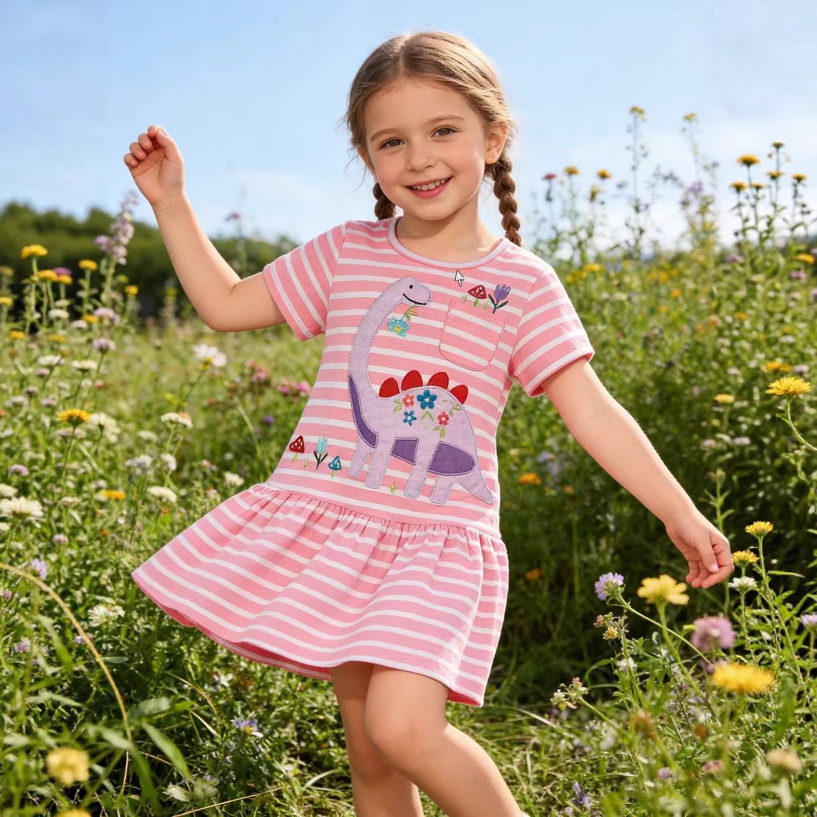 Dinosaur Embroidered Short-Sleeve Knitted Dress
