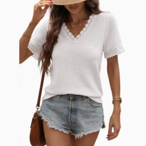 2026 Summer Women's V-Neck Waffle Knit Lace Patchwork Short Sleeve Casual T-Shirt Tops
