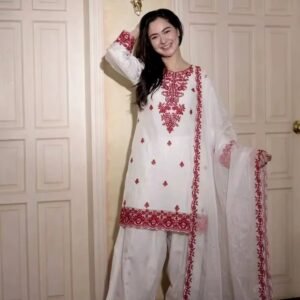 Red Heavy Embroidered Cotton Salwar Kameez – 3-Piece Traditional