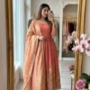 Gold Embroidered Peach Silk Anarkali Suit Set With Flared Kurta Tissue Dupatta