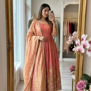 Gold Embroidered Peach Silk Anarkali Suit Set With Flared Kurta Tissue Dupatta